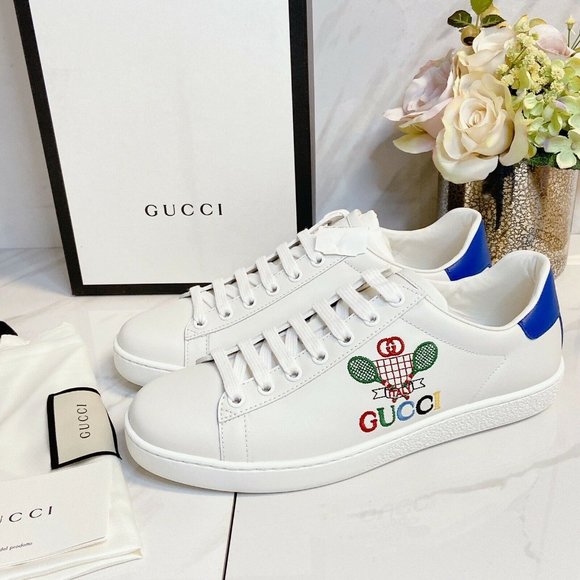 Gucci Shoes - NEW Gucci Ace Womens Embroidered Tennis Sneakers White Blue Leather EU 38 US 8